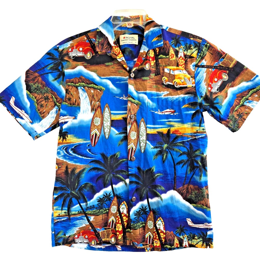 Vintage Royal Creations Hawaiian Mens S Blue Tropical Shirt‎ Surfboard Beach USA